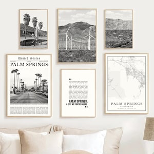 Digitale Palm Springs-printset van 6, Palm Springs-kaartdecor, Palm Springs-reisposter, Palm Springs-muurkunst, Californië Palm Springs-cadeau