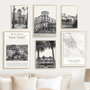 San Jose Print Set Of 6, Black and White San Jose Map Decor, San Jose Travel Poster, San Jose Wall Art Photos, CA San Jose Gifts, California