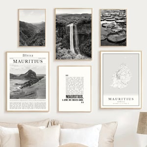 Digitale Mauritius print set van 6 zwart-wit foto's, Mauritius kunst decor, Mauritius kaart Mauritius muur kunst cadeau Oost-Afrika reizen poster