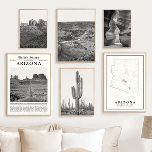 Arizona Prints Set Of 6, Black And White Arizona Map Wall Art, Arizona Poster Decor, Arizona State Photo, Arizona Gift Arizona Travel Poster