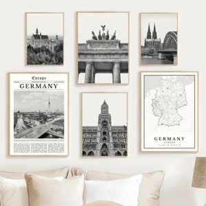 Conjunto de 6 impressões da Alemanha, decoração com mapa da Alemanha em preto e branco, pôsteres da Alemanha, arte de parede da Alemanha, presentes de viagem da Alemanha