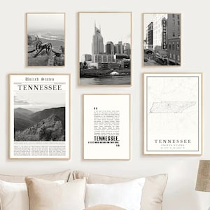 Digitale Tennessee zwart-wit print set van 6, Tennessee kaart muurkunst, Tennessee poster geschenken, Tennessee State Photo, Tennessee Art Decor