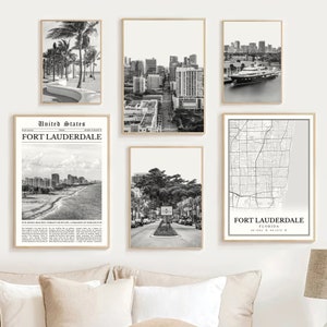 Fort Lauderdale Florida Print Set Of 6, Black and White Fort Lauderdale Travel Poster, Fort Lauderdale Wall Art Map, Fort Lauderdale Gifts