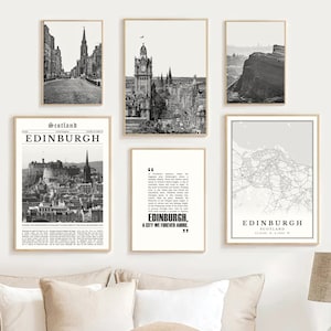 Edinburgh print set van 6 zwart-wit, Schotland Edinburgh kaart decor, Edinburgh cadeau kunst aan de muur, Edinburgh reisposter, Edinburgh City Art