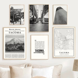 Digitale Tacoma zwart-wit prints set van 6, Tacoma stadskaart decor, Tacoma kunst aan de muur, Tacoma reisposter, Tacoma sticker, Tacoma WA Gifts