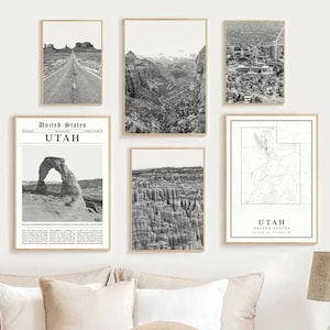 Utah Prints Set Of 6, Black and White Utah Map Decor, Utah Wall Art, Utah National Park Travel Poster, Utah Beehive State Photos, Utah Gifts