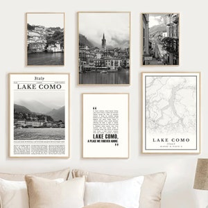 Digitale poster Comomeer, set van 6, Comomeer, Italië zwart-wit print, Como foto reiskaart, Comomeer kunst aan de muur, Comomeer cadeau kunst
