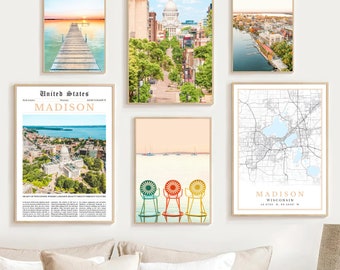 Madison Print Set of 6, Black and White Madison Wisconsin Map Decor, Madison WI Wall Art Photo, Madison Travel Poster Madison Wisconsin Gift