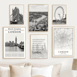 Digitale Londen zwart-wit prints set van 6, Londen kaartfoto's, London Wall Art, Londen cadeau, afdrukbare Londen, Londen afdrukbare, UK Londen reisposter