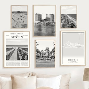 Destin Florida Print Set Of 6, Black and White Destin FL Map, Destin Wall Art Photos, Destin Poster, Destin Art Decor, Destin Florida Gifts
