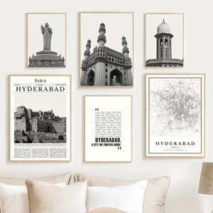 Digitale Hyderabad-printset van 6, zwart-wit Hyderabad-kaartdecor, Hyderabad-muurkunst, Hyderabad-poster, Hyderabad-India-cadeau, Telangana