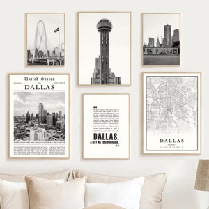 Digitale Dallas zwart-wit print set van 6, Dallas kaart muurkunst, Dallas TX decor foto, Dallas Texas afdrukbare, Dallas reisposter cadeau