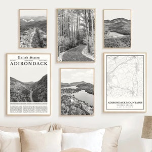 Digital Adirondack Mountains Print Set Of 6, Black and White Adirondack Map Wall Art, Adirondack Poster Decor, Adirondack Gift, New York Art