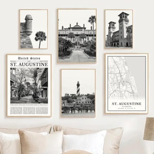 St Augustine FL Print Set Of 6, Black and White St Augustine Map Decor, St Augustine Wall Art Photo, St Augustine Travel Poster Florida Gift