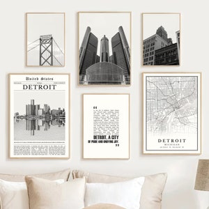 Digitale Detroit Michigan Print Set van 6, Detroit Poster, Detroit Wall Art, Detroit Art Print Decor, Detroit Map Gift, Detroit Travel Poster