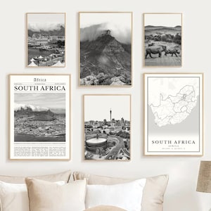 South Africa Print Set Of 6, Black and White South Africa Wall Art Photo, Cape Town Travel Poster, South Africa Map Decor South African Gift