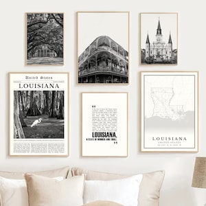 Digitale Louisiana zwart-wit print set van 6, Louisiana kaart kunst, Louisiana decor, Louisiana kunst aan de muur, Louisiana poster, Louisiana geschenken