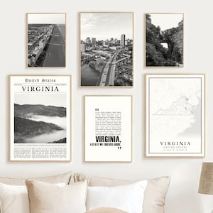 Digitale Virginia staat zwart-wit print set van 6, Virginia kaart decor, Virginia muur kunst foto's, Virginia reisposter, Virginia geschenken