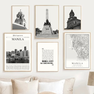 Digitale Manilla zwart-wit print set van 6, kaart Manilla, Manilla reizen posterontwerp, Manilla Filipijnen muur kunst decor, Manilla fotocadeau
