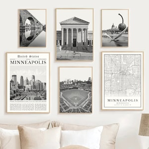 Minneapolis Prints Set Of 6, Black and White Minneapolis Map Decor, Minneapolis Wall Art Photos, Minneapolis Travel Posters, Minnesota Gifts