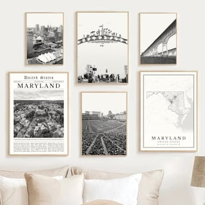 Maryland Print Set of 6, Black and White Maryland Map Home Decor, Maryland Wall Art Photo, Digital Maryland Travel Poster, Maryland Art Gift