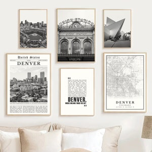 Digitale Denver, Colorado zwart-wit print set van 6, Denver kaart, Denver Wall Art Decor, Denver reisposter, Denver geschenken fotografie