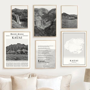 Digitale Kauai print set van 6, zwart-wit Kauai kaart decor, Kauai muur kunst foto, Kauai Hawaii reisposter, Kauai foto, Kauai geschenken