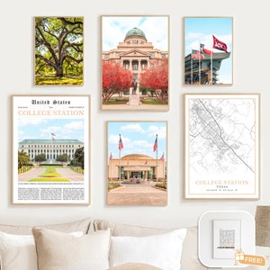 Digital College Station Texas Set of 6, College Station Map Decor, College Station Wall Art Photos, TX Gifts, College Station Travel Poster