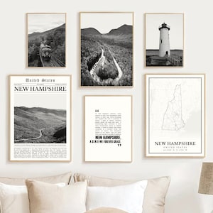 Digitale New Hampshire zwart-wit print set van 6, New Hampshire kaart poster, NH New Hampshire kunst aan de muur reizen decor, New Hampshire geschenken