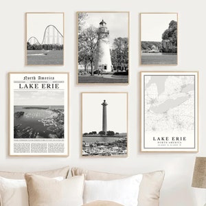 Lake Erie Print Set Of 6, Black And White Lake Erie Map Decor, Lake Erie Wall Art Photo, Lake Erie Travel Poster, Great Lakes Lake Erie Gift