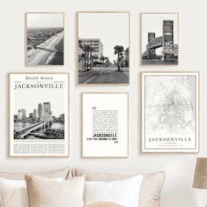 Digitale Jacksonville print set van 6 zwart-wit, Jacksonville muurkunst, Jacksonville poster, Jacksonville kaart kunst decor, geschenken Florida