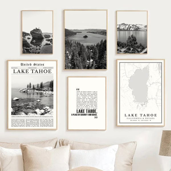 Digital Lake Tahoe Prints Set Of 6 Black And White Photo, Lake Tahoe Map, Lake Tahoe Poster Decor, Lake Tahoe Wall Art, Lake Tahoe Art Gifts