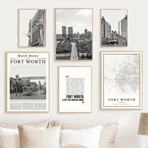 Digitale Fort Worth zwart-wit print set van 6, Fort Worth Texas kaart decor, TX Fort Worth kunst aan de muur, Texas cadeau, Fort Worth reizen poster