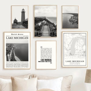 Digitale Lake Michigan zwart-wit print set van 6, Lake Michigan kunst, kaart Lake Michigan, Lake Michigan poster kunst aan de muur, geschenken grote meren