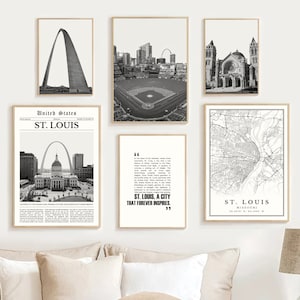 Digitale St. Louis, Missouri print set van 6 zwart-wit, St. Louis kaart decor, St. Louis kunst aan de muur, St. Louis reisposter, St. Louis geschenken