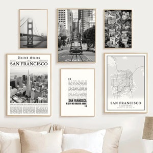 Digitale San Francisco print set van 6 zwart-wit, San Francisco kaartfoto, San Francisco Wall Art decor San Francisco reisposter cadeau