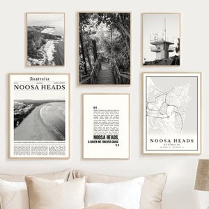 Digitale Noosa Heads zwart-wit print set van 6, Noosa Heads kaart decor, Noosa Heads muur kunst reisposter, cadeaus Queensland Australië