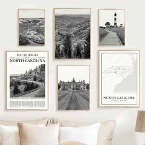 Digital North Carolina State Print Set Of 6, Black and White North Carolina Map Wall Art, North Carolina Travel Poster, North Carolina Gifts