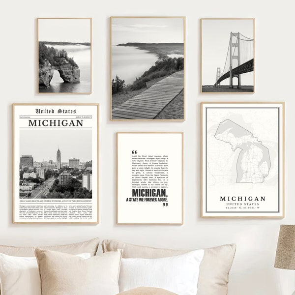 Lot de 6 impressions numériques noir et blanc du Michigan, carte de l'état du Michigan, affiche d'art mural Michigan, photos déco Michigan, cadeaux de voyage Michigan