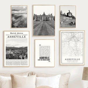 Digitale Asheville print set van 6 zwart-wit, Asheville kaart decor, Asheville NC muurkunst, Asheville geschenken, reisposter North Carolina