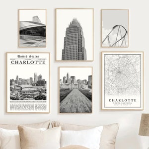 Charlotte North Carolina Print Set Of 6, Black and White Charlotte Map Decor, Charlotte NC Poster, Charlotte Wall Art Photos, Charlotte Gift
