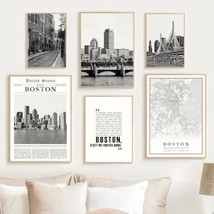 Digital Boston Prints Set Of 6, Black and White Boston Massachusetts Gifts, Boston City Map Poster, Boston Wall Art Photo, Boston Home Decor