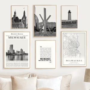 Digitale Milwaukee print set van 6, Milwaukee kaart zwart-wit stad, Milwaukee muur kunst foto, Milwaukee kunst decor, Wisconsin reisposter