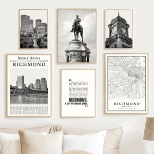 Digitale Richmond VA print set van 6 zwart-wit, Richmond kaart decor, Richmond City Wall Art, Richmond reisposter, Virginia geschenken foto