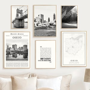 Digitale Ohio print set van 6 zwart-wit, Ohio State kaart, Ohio Wall Art, Ohio geschenken afdrukbare, Ohio Travel poster, Ohio decor fotografie