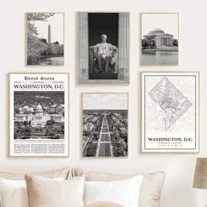 Ensemble de 6 impression d'art Washington DC, décor carte noir et blanc de Washington DC, photo d'art mural Washington DC, Washington DC cadeaux affiche numérique