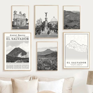 El Salvador Print Set Of 6, Black And White El Salvador Map Decor, El Salvador Travel Poster, El Salvador Wall Art Photo, San Salvador Gifts