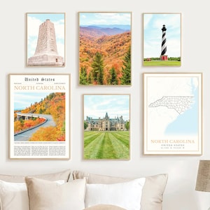 North Carolina State Print Set Of 6, North Carolina Map Photos, North Carolina Wall Art, North Carolina Travel Poster, North Carolina Gifts