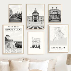 Digitale Rhode Island print zwart-wit set van 6, Rhode Island kaart decor, Rhode Island staat muur kunst cadeau, Amerikaanse Rhode Island reisposter