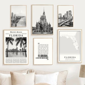 Digitale Florida print set van 6, Florida zwart-wit fotografie, Florida kaart kunst aan de muur, Florida reis poster decor, Florida geschenken foto